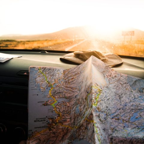 person holding blue and brown map