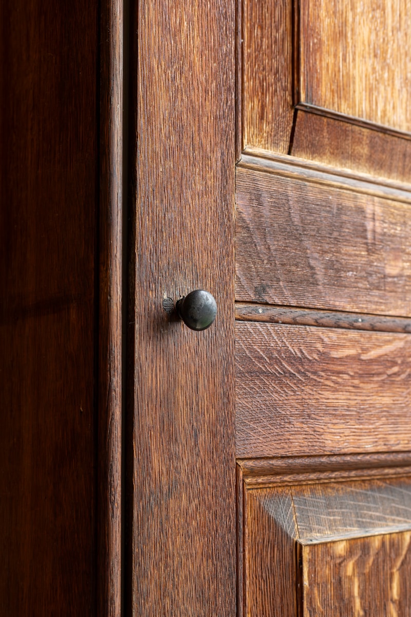 a close up of a door handle on a wooden door