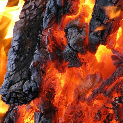 Detailed view of hot embers and flames from burning charcoal. A vibrant display of fire and heat.