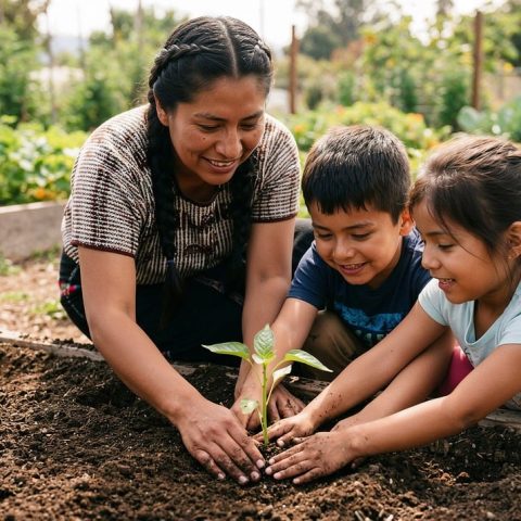 Kinderen aan het tuinieren in een moestuintje tijdens de zomervakantie