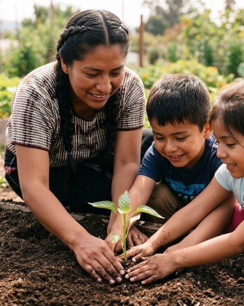 Kinderen aan het tuinieren in een moestuintje tijdens de zomervakantie