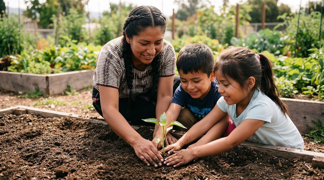 Kinderen aan het tuinieren in een moestuintje tijdens de zomervakantie