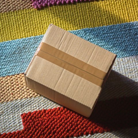 A closed cardboard box sits on a striped rug