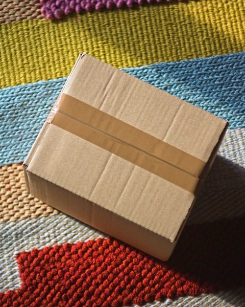 A closed cardboard box sits on a striped rug